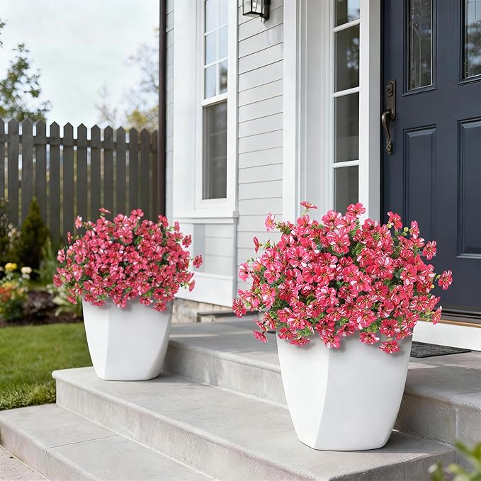 Artificial Morning Glory & Eucalyptus Topiary Trees - Set of 2 Faux Silk Flower Potted Plants, UV-Resistant Fake Outdoor Morning Glory Bushes for Front Door, Yard, Farmhouse, Garden Decor (Rose Red)
