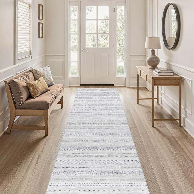 cotiled Hallway 2.6x8 Runner Rugs: Washable Boho Rugs with Non Slip Backing Large Soft Indoor Low Pile Carpet for Living Room Bedroom Farmhouse Dining Room Lightweight Home Decor Grey