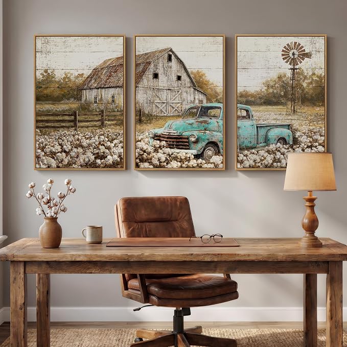 Set of 3 Framed Farmhouse Wall Art for Living Room, Large Vintage Barn Horizontal Landscape Canvas Prints, Rustic Retro Truck Cotton Field Wall Decor for Bedroom Dining Room Office Hallway 20x30 Inch