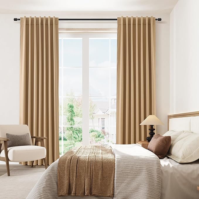 Guken 100% Blackout Linen Curtains 100 Inch Length 2 Panels Set for Living Room Bedroom Back Tab Thermal Insulated Black Out Linen Drapes Room Darkening Window Curtains,Camel Brown