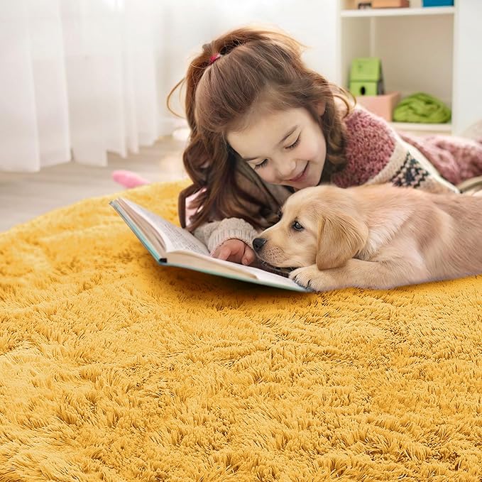 OLANLY Mustard Yellow Round Rugs for Bedroom - Machine Washable, 6 ft Circle Area Rugs for Living Room, Soft and Fluffy Shaggy Carpet for Teen Girl and Boys, Nursery Rooms, Dorms, Home Decor Aesthetic