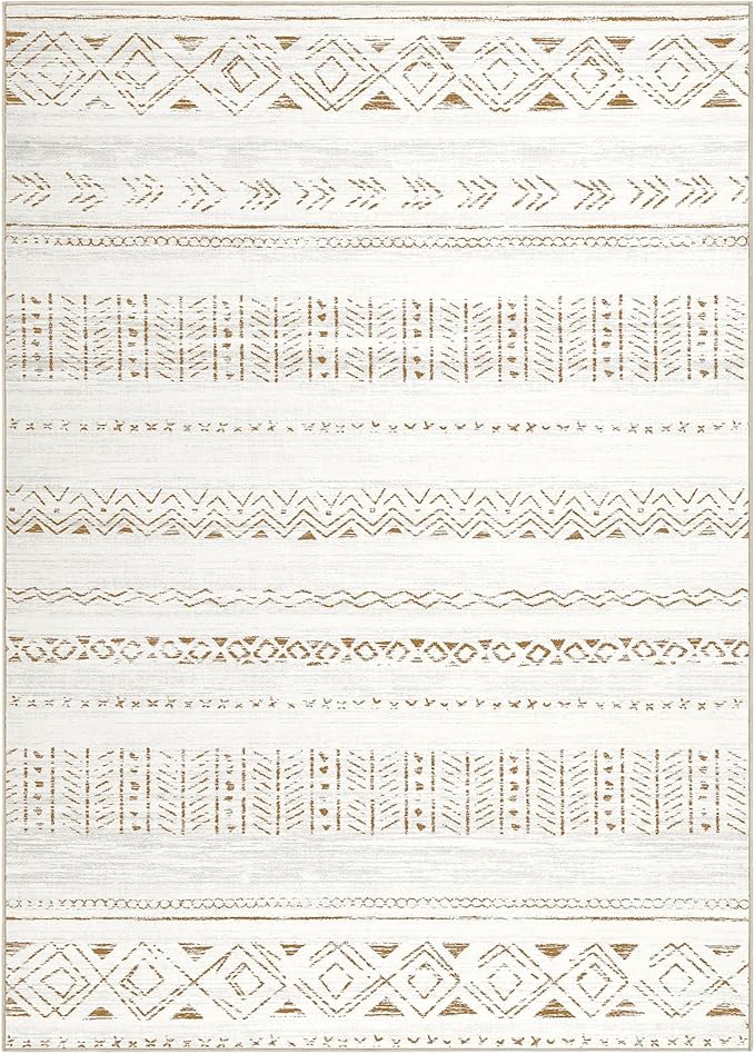 cotiled 7x9 Area Rug Living Room: Washable Boho Rugs with Non Slip Backing Large Soft Indoor Stain Resistant Carpet for Bedroom Farmhouse Dining Room Lightweight Home Decor L Brown/Cream