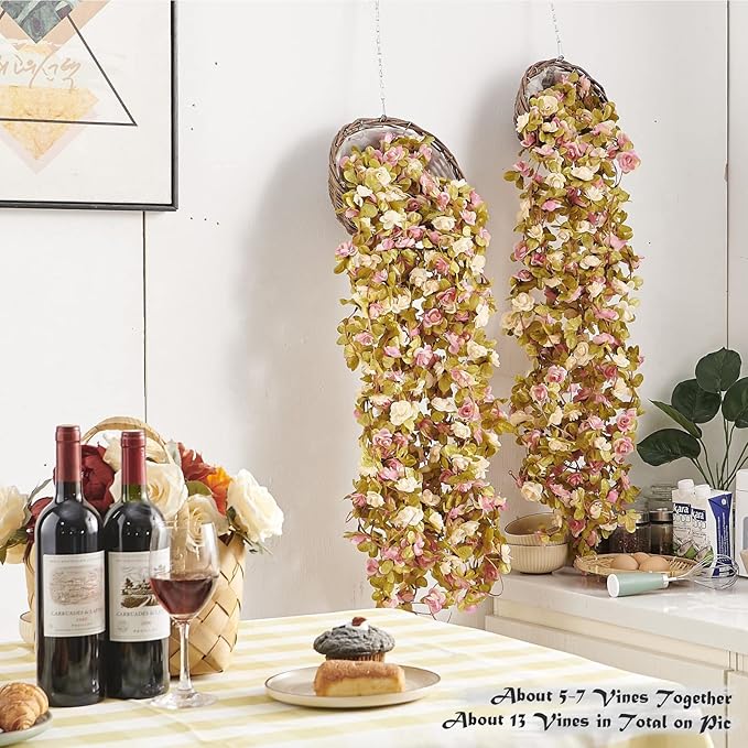 PONKING 8 Pcs x 8.2 ft Flower Garland Artificial Rose Vine Flowers with Green Leaves Hanging Fake Roses Vine for Room Party Home Wedding Birthday Christmas Wall Arch Decor, Champagne Pink Flower