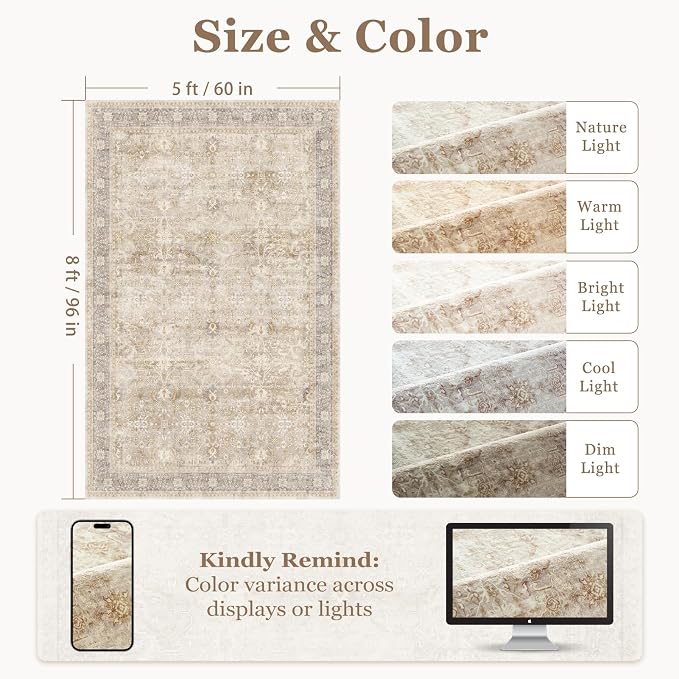 Washable Neutral 5x8 Area Rugs, Vintage Farmhouse Earth Tone Beige Taupe Carpet for Living Room Bedroom, Low Pile Thin Rug with Non Slip Rubber Backing for Dining Room Nursery Home Office