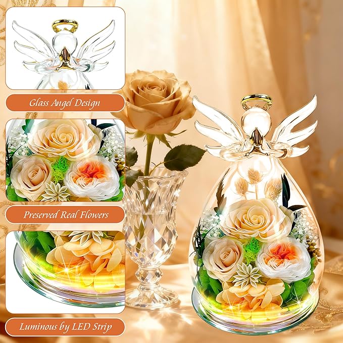 MOKOQI Gifts for Mom Birthday Gifts for Women | Forever Rose Preserved Flower in Glass Fresh Flowers for Delivery Prime, Real Rose Angel Figurine Mother’s Day Gift for Mother in Law Grandma Sister