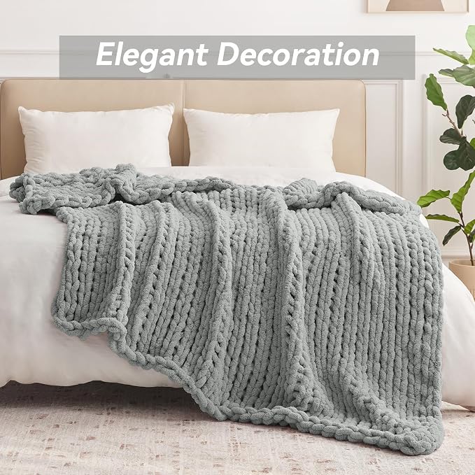 Negwoo Chunky Knit Throw Blanket, 80''*90'' Knitted Throw Chenille Yarn for Bed Couch, Handmade Light Grey Crochet Big Thick Blanket, Machine Washable Cute Comfy Blanket for Home Decor