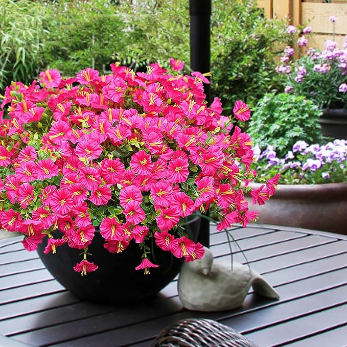 Artificial Flowers for Outdoors, UV Resistant Fake Silk Morning Glory, Realistic Faux Plants for Outside Porch Patio Window Box Hanging Planter (12, Hot Pink)