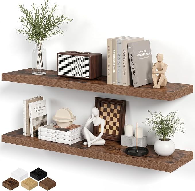 Fun Memories 40" Floating Shelves for Wall, 8 Inch Deep Floating Shelf for Books, Deep Bathroom Shelves Wall Mounted, Rustic Display Shelf for Kitchen, Bedroom, Living Room, Rustic Brown, 2 Pack