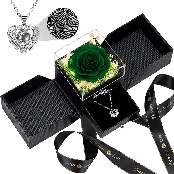 FIACO Gifts for Mom Preserved Real Roses with I Love You Necklace Fresh Forever Flowers Mothers Day Flower Gifts for Women Grandma Anniversary Birthday Gift for Girlfriend Wife Daughter