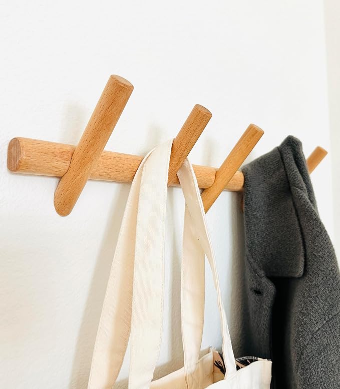 Modern 5-Hook Wooden Coat Rack, Decorative Coat Rack wall Mount for Bags, Hats, Purse, Heavy Duty, Sturdy, Natural Oak, wall Mounted Hooks