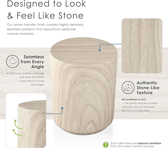 24/7 Shop at Home Ranera Modern 14-inch Natural Stone Side Table with Round Drum Base, Marble Nightstand, Patio End Table, for Living Room, Covered Outdoor Spaces, Balcony, Beige Travertine