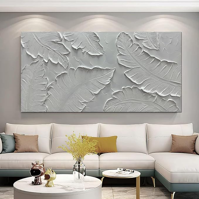 Art8YuQi Paintings - Contemporary Abstract Art leaf Oil Painting On Canvas Texture 3D White Painting Plantain Handmade Artwork Picture Canvas Wall Art Modern Home Decor living room Ready to Hang 24X48 inch