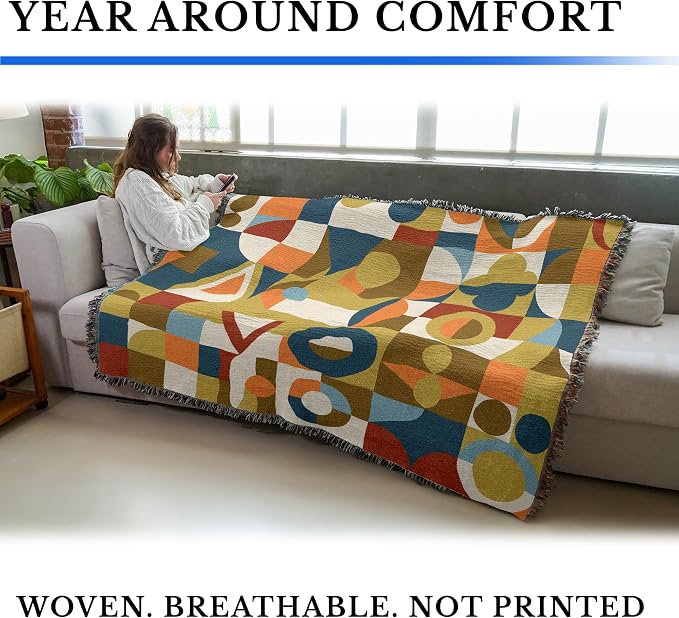 Pure Country Weavers Retro Geometric Shapes Blanket - Mid Century Modern - Gift Tapestry Throw Woven from Cotton - Made in The USA (72x54)