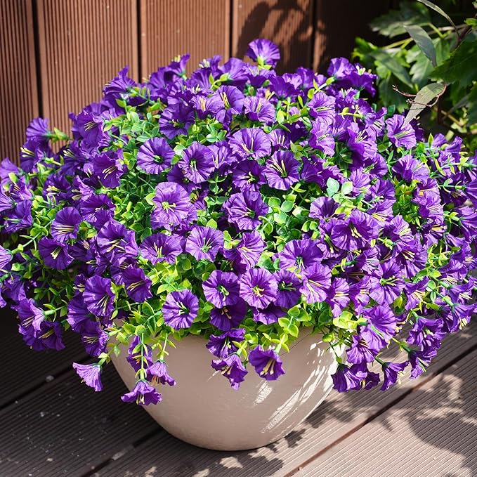 Artificial Flowers for Outdoors, UV Resistant Fake Silk Morning Glory, Realistic Faux Plants for Outside Porch Patio Window Box Hanging Planter (12, Purple)