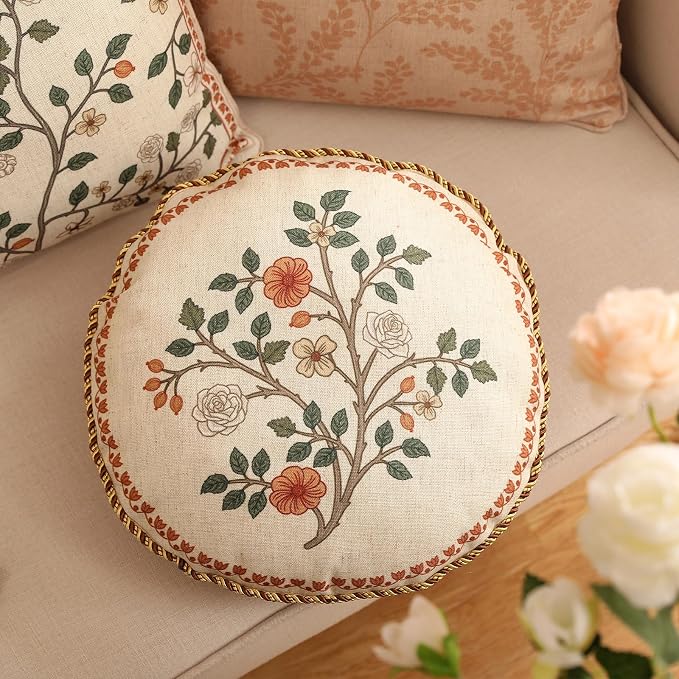 ISAENNE Designer Linen Throw Pillow Cover,Set of 2,Diameter 16"-Flora B | Vintage French Round Decor Pillow Cover,Concealed Zipper Design,Floral Pattern,Sofas,Bedroom,Living Room,Lounge Chairs