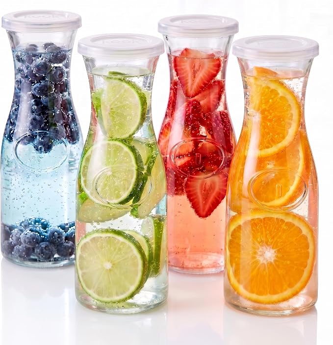 Kook Mini Glass Carafes with Lids, Small Beverage Pitchers for Fridge, Jugs for Water, Wine, Milk, Juice, 24 oz, Set of 4