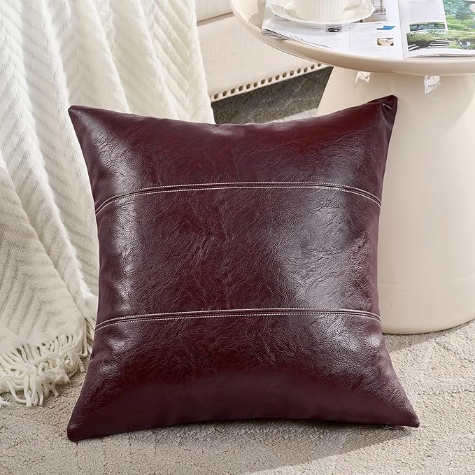 Fancy Homi Burgundy Faux Leather Decorative Throw Pillow Covers 18x18 Inch for Living Room Couch Bed Sofa, Farmhouse Boho Home Decor, Wine Red Hand Stitched Accent Square Cushion Case 45x45 cm