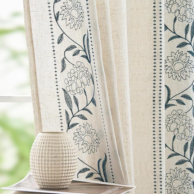 jinchan Winslow Linen Curtains for Bedroom 90 Inches Length Embroidered Bordered Floral Curtains for Living Room Farmhouse Decor Light Filtering Window Treatments Blue on Beige Drapes 2 Panels
