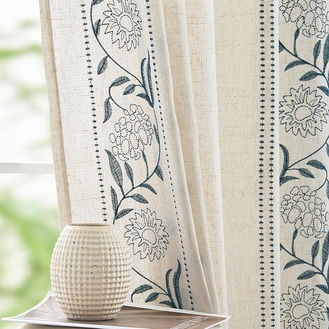 jinchan Winslow Linen Curtains 96 inches Long for Bedroom Embroidered Bordered Floral Curtains for Living Room Farmhouse Decor Light Filtering Window Treatments Blue on Beige Drapes 2 Panels