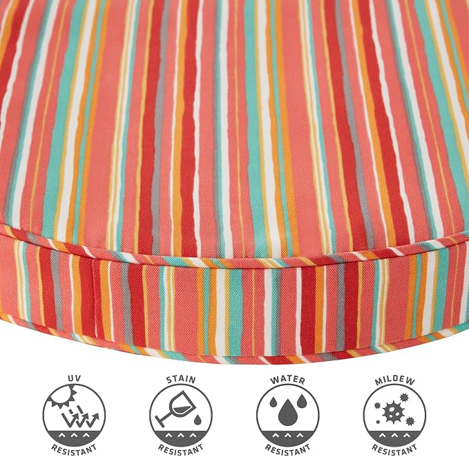 Set of 2 Outdoor 18 inch Round Patio Dining Chair Pads – Comfortable Fiber-Filled Seat Cushions with Ties, Reversible Polyester Fabric, Watermelon Stripe