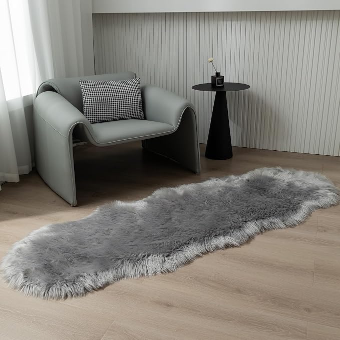 Faux Fur Sheepskin Runner Rug Gery 2x6 ft Ultra Soft Shaggy Plush Fluffy Fuzzy Area Carpet Decorative Chair Cover Floor Mat for Bedroom Sofa Living Room Bedside