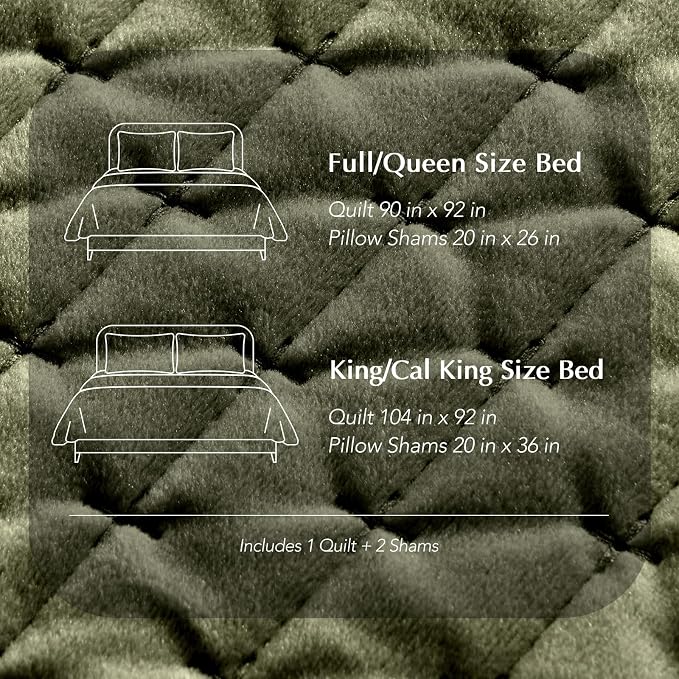 EverGrace Luxury Velvet Quilt Set King Size 3 Piece, Soft Cross-Stitch Velvet Comforter Set with Pillow Shams, Lightweight Coverlet Bedspread Bedding Set for All Seasons, Moss Green