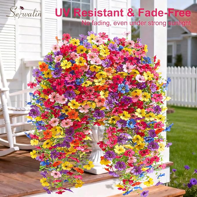 Serwalin 12PCS Artificial Hanging Flowers for Outdoors, UV Resistant Fake Hanging Plants, Realistic Weatherproof Outdoor Decor for Patio, Porch, Garden & Window (Multicolor,12PCS)