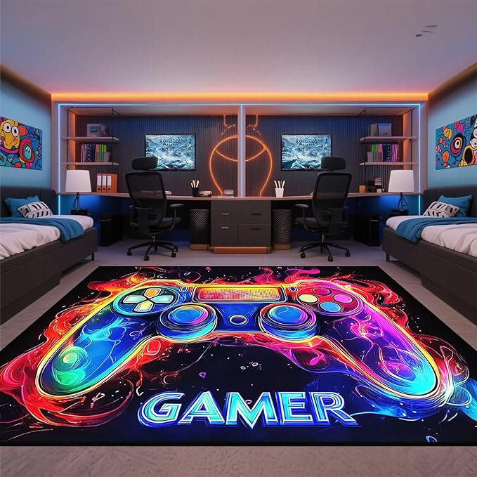 Gaming Rug for Rooms - 8×10 Gaming Rugs for Boys Bedroom Gamer Room Decor Kids Oversized Gamepad Themed Cartpet Rug
