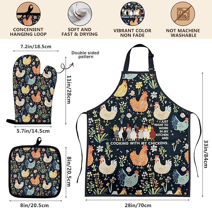 8 PCS Chicken Bamboo Cooking Spoon with Apron and Oven Mitts,Rooster Kitchen Utensil Decor Gifts for Women Chicken Lovers,Roosters Themed Decorations for Home,Housewarming,Birthday,Mother's Day,Easter
