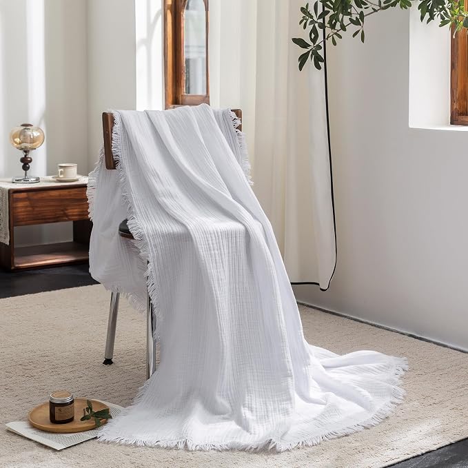 FOSSA Muslin Blanket 4-Layer 100% Cotton Gauze Blanket with Fringe 66"x90" | Super Soft Breathable Lightweight All Season & Decorative Blanket or Bed, Sofa, Office (Bright White,Twin XL)