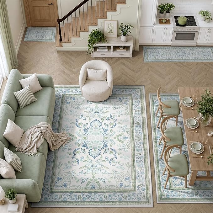 DCX Green 9x12 Rug, Kid & Pet Friendly with Rubber Back Non Slip, Machine Washable Stain Resistant Botanical Floral Rug for Living Room, Bedroom, Soft Low Pile Large Nursery Carpet
