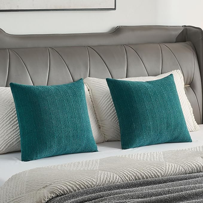 FUTEI Teal Chenille Throw Pillow Covers 22x22 Inch Set of 2,Soft Striped & Diamond Textured Cushion Cases,Modern Home Decor for Couch Living Room