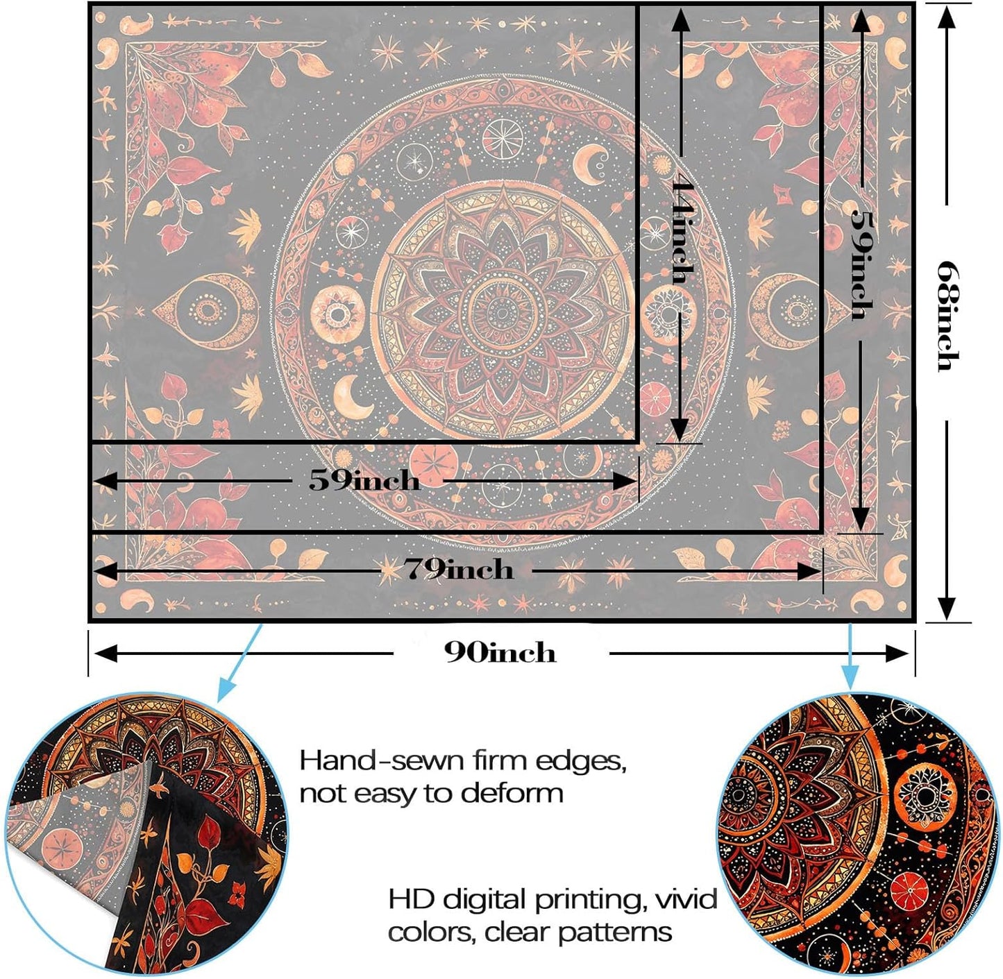 Lunerfex Mandala Moon and Stars Tapestry Boho Tapestry for Bedroom Black and Orange Tapestries Wall Hanging Living Room Wall Art and Home Decor 70x90