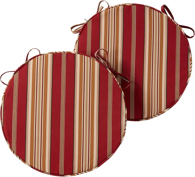 Set of 2 Outdoor 18 inch Round Patio Dining Chair Pads – Comfortable Fiber-Filled Seat Cushions with Ties, Reversible Polyester Fabric, Roma Stripe