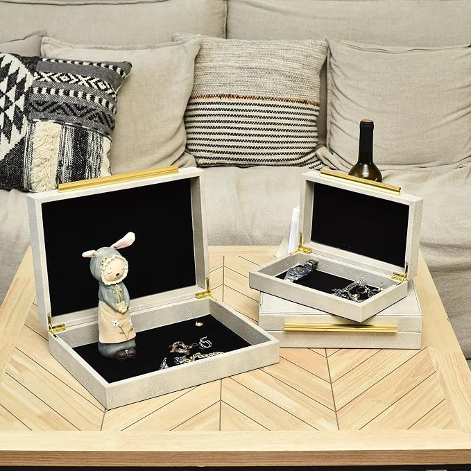 DECOR4SEASON Faux Shagreen Decorative Storage Boxes – Set of 3 Stackable Jewelry Organizers with Gold Metal Handles & Velvet Lining, Modern Ivory White Box for Vanity, Entryway & Coffee Table Décor