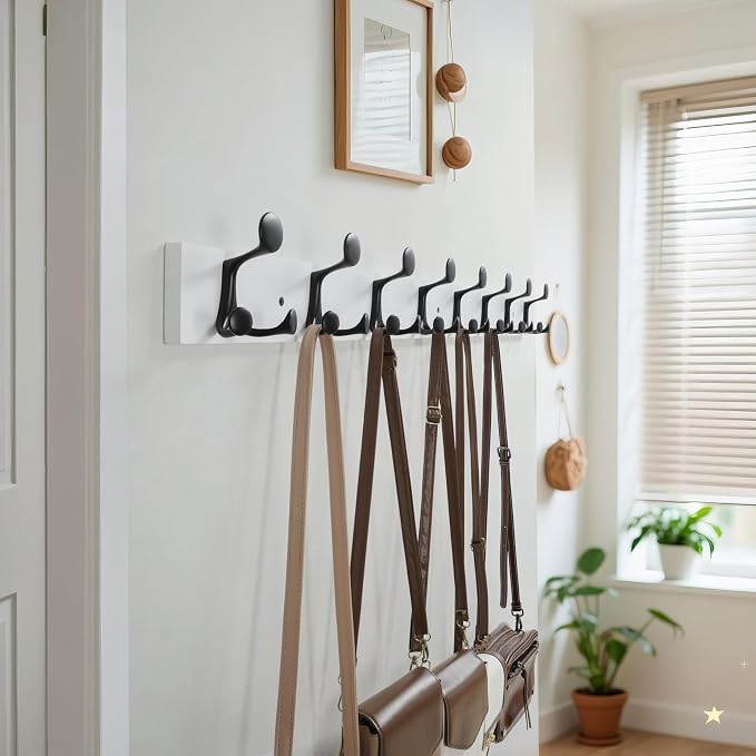 WEBI Coat Rack Wall Mount,43" Solid Wood Coat Hooks Wall Mounted Coat Hanger,16" Hole to Hole,Heavy Duty Hook Rack Rail,8 Triple Hooks for Hanging Coats,Jacket,Clothes,Hat,Backpack,White,2 Packs
