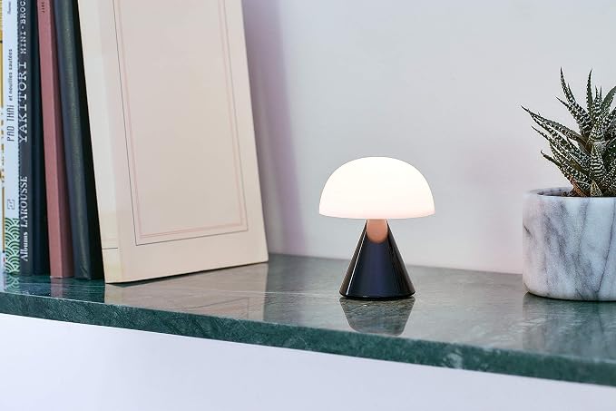 Lexon Mina Small Mushroom Lamp - LED Portable Bedside Light for Bedrooms, Kids & Nursery - Rechargeable with 12h Autonomy & Memory Dimmer, Aluminum - Glossy Black