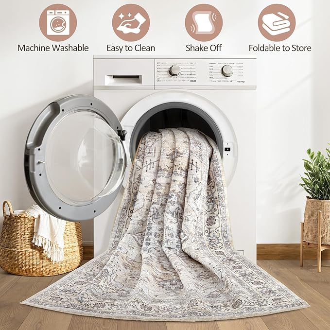Runner Rug Kitchen Washable Rugs: 2x6 Non-Slip Boho Soft Vintage Stain Resistant Indoor Floor Neutral Farmhouse Throw Carpet for Hallway Bathroom Laundry Room Entryway Bedroom- Ivory Gray