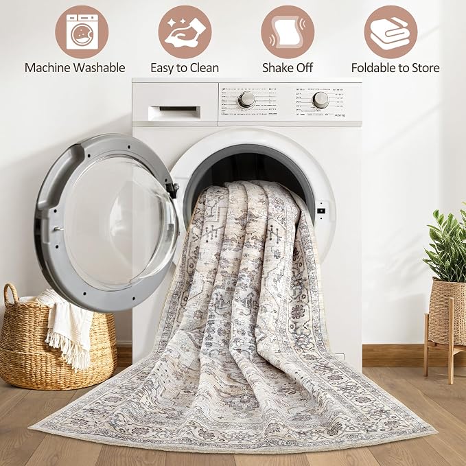 8x10 Area Rugs Living Room: Washable Boho Large Neutral Vintage Soft Rugs Stain Resistant Farmhouse Non Slip Indoor Floor Carpet for Bedroom Nursery Kids Playroom Office Dining Room Home- Ivory Gray