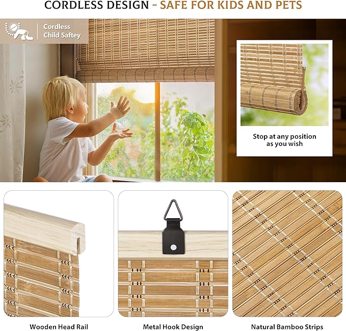 LazBlinds Cordless Bamboo Blinds, 23"x64", Brown206 | Bamboo Roll Up Shades for Windows, Light Filtering Hanging Window Blinds, Bamboo Shades for Patio Indoor/Outdoor Porch