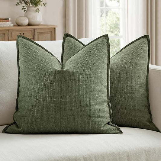 MIULEE Euro Sham Pillow Covers for Bed 24x24, 2 Pack Dark Green Thick & Textured Decorative Throw Pillow Covers, Neutral Linen Cushion Cases, Modern Farmhouse Home Decor, No Filling