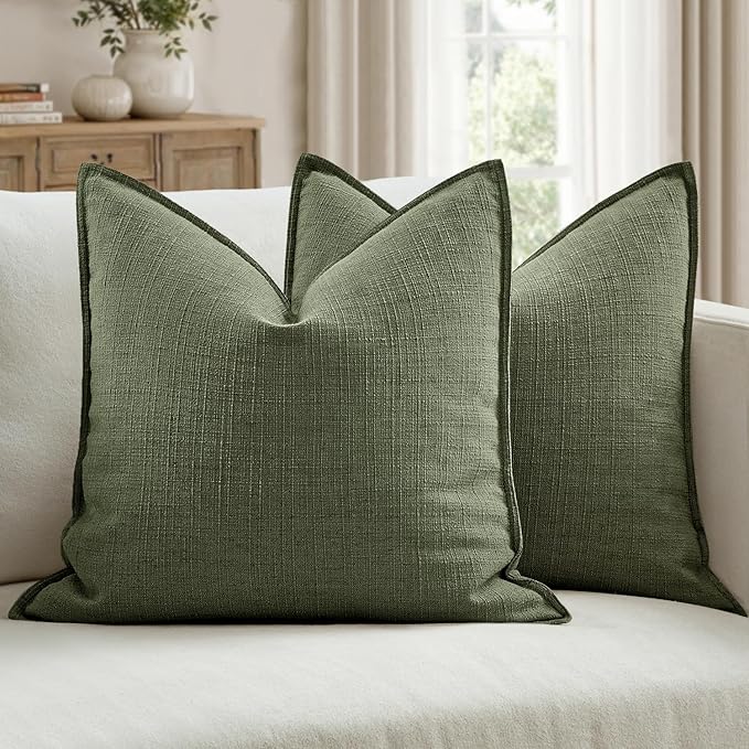 MIULEE Pack of 2 Thick Textured Couch Throw Pillow Covers, Dark Green Decorative Pillow Covers 20x20, Linen Cushion Cases for Sofa Bed Living Room Modern Farmhouse Home Decor, No Filling
