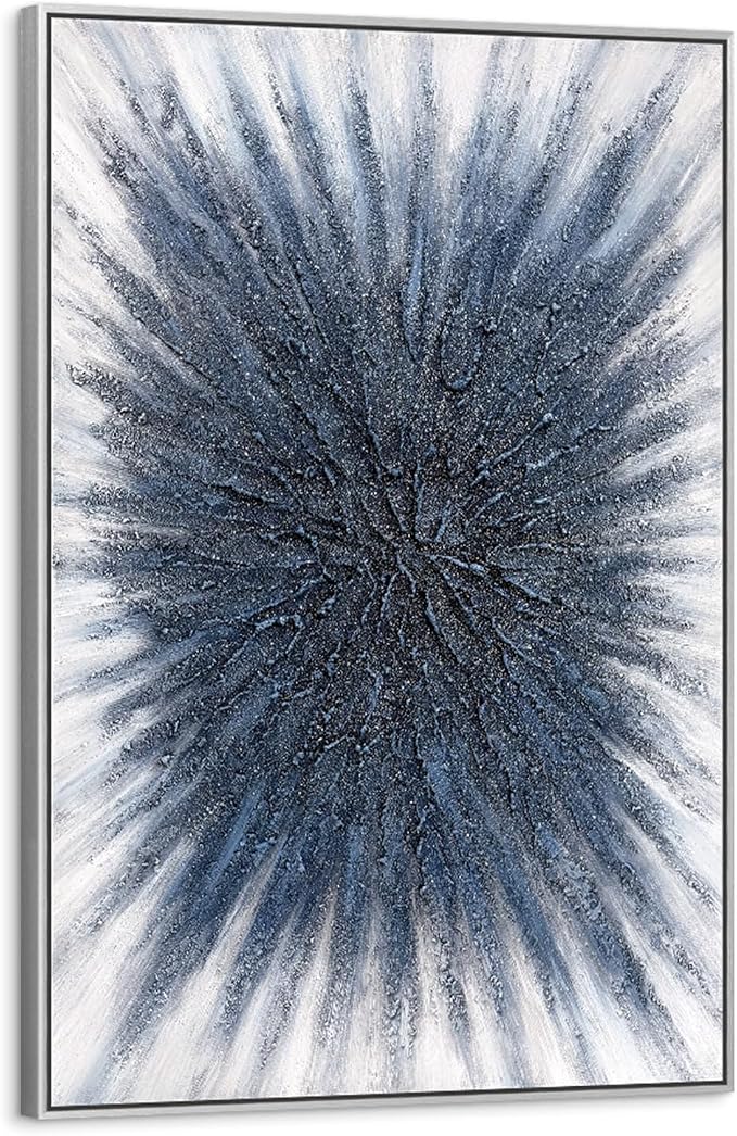 SAFERRYHOME Abstract Hand Painted Wall Art, Navy Blue, 24"x36" Framed | Shimmering Blue 3D Textured Framed Wall Decor, Modern Painting Radiant Burst Geometric Artwork for Home Office Living Room