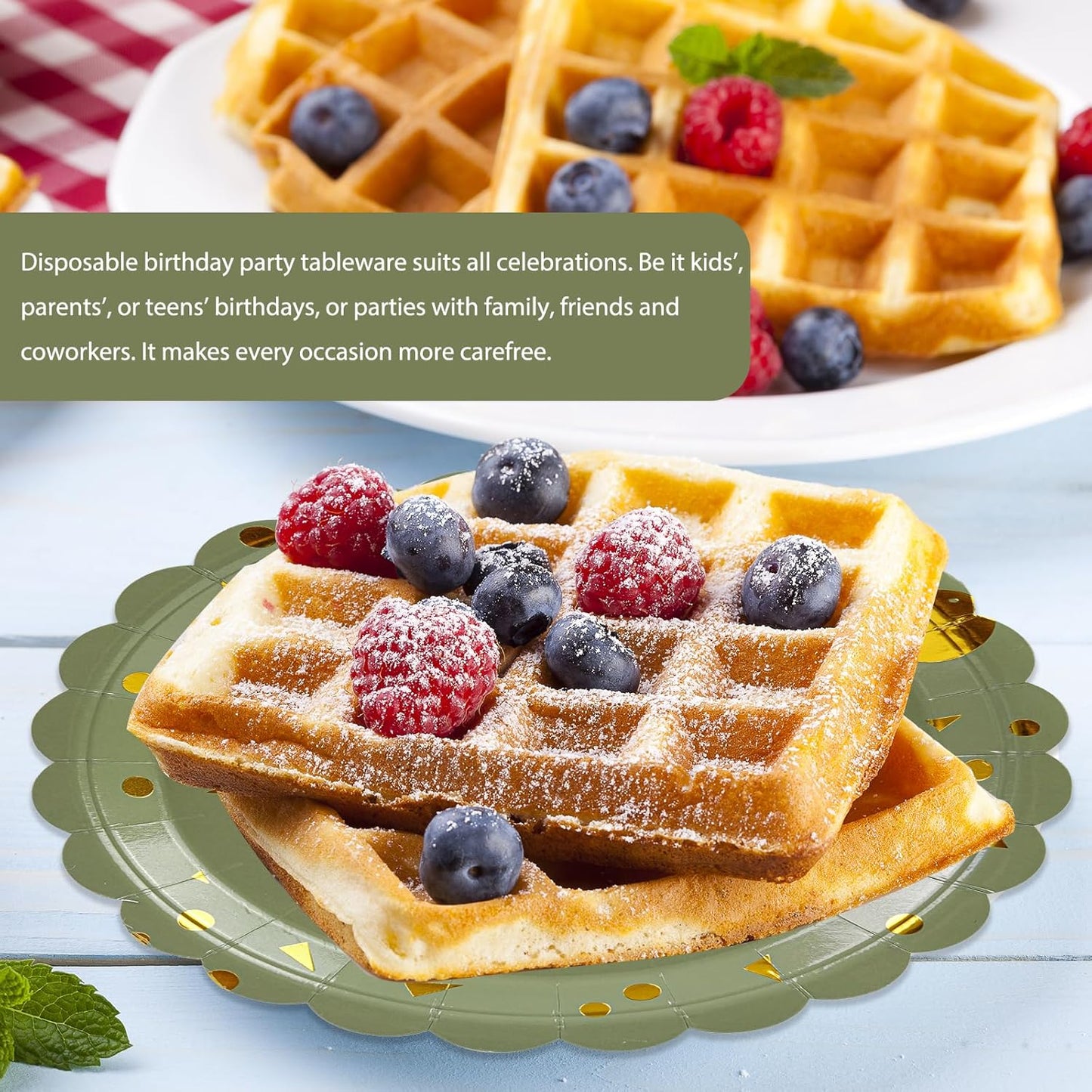 50PCS Sage Green and Gold Happy Birthday Paper Plates, 7 Inch Scalloped Disposable Birthday Dessert Cake Plates Metallic Foil Polka Dots Party Supplies for Birthday's Decorations