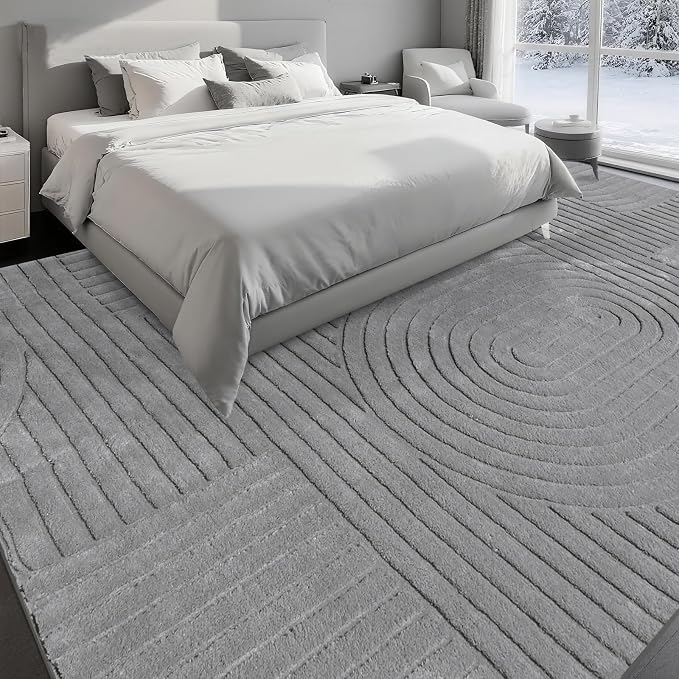 Grey Solid Area Rug 8x10 – Large Washable Soft Indoor Rugs for Living Room Bedroom, Modern Geometric Bohemian Pattern High-Low Pile Textured Carpet for House Apartment, Home Office Decor