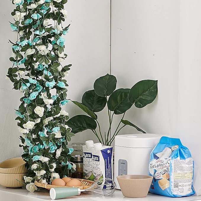 PONKING 8 Pcs x 8.2 ft Flower Garland Artificial Rose Vine Flowers with Green Leaves Hanging Fake Roses Vine for Room Party Home Wedding Birthday Christmas Wall Arch Decor, White Blue Flower
