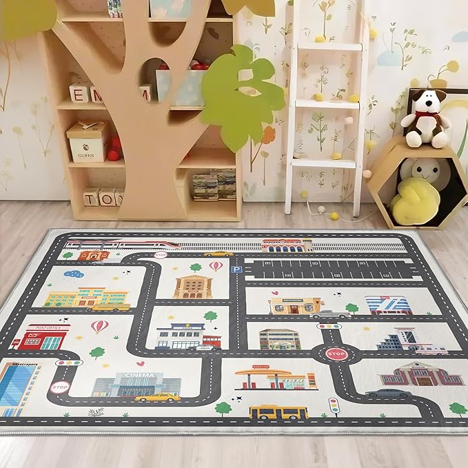 5x7ft Kids City Road Car Play Rug - Non-Slip Faux Wool Carpet with Interactive City Map Design, Educational Toy Vehicle Mat for Kids, Bedroom Playroom Nursery Gift.