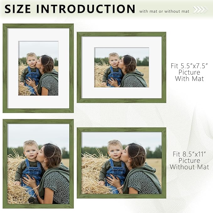 Picrit 8.5x11 Picture Frame Set of 12, Display 6x8 with Mat or 8.5 x 11 without Mat, Photo Frames for Wall Mounting or Table Top Display, Green Wood Grain