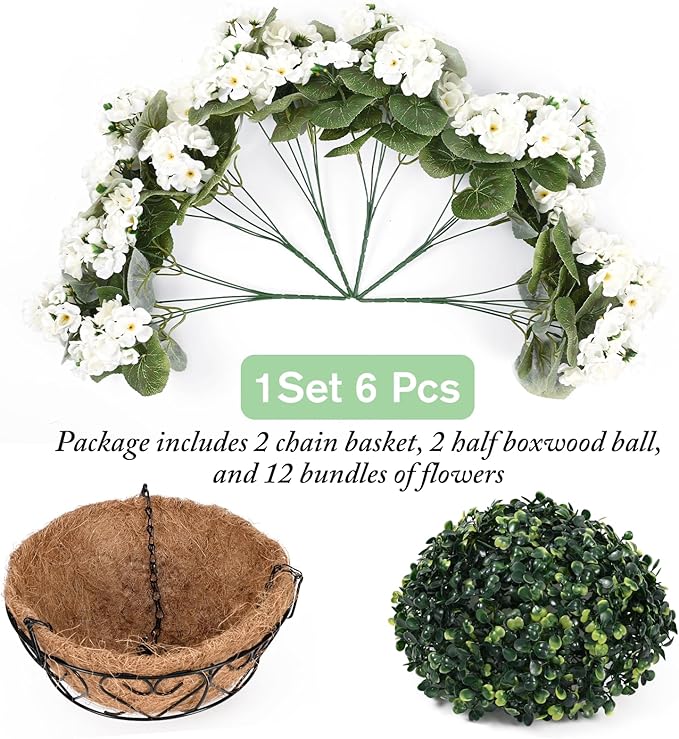 Waipfaru 2 Set Artificial Geraniums for Outdoors with Hanging Baskets, 12 Bundles UV Resistant Artificial Outdoor Plants, Fake White Flowers for Spring Front Porch Home Patio Balcony Yard Decor