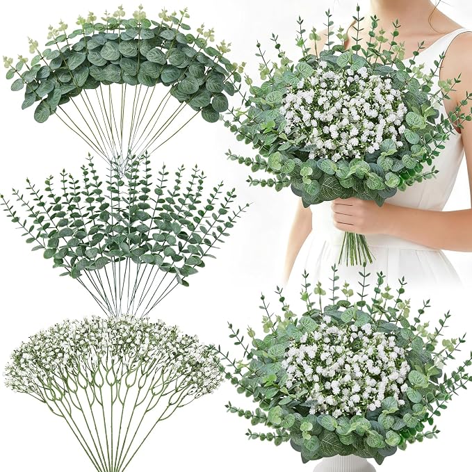 Serwalin 50Pcs Mixed Eucalyptus Greenery Stems 3 Kinds,Baby Breath Flowers Artificial Bulk with Faux Eucalyptus Stems Fake Greenery for DIY Bouquets Wedding Floral Arrangement Home Decor